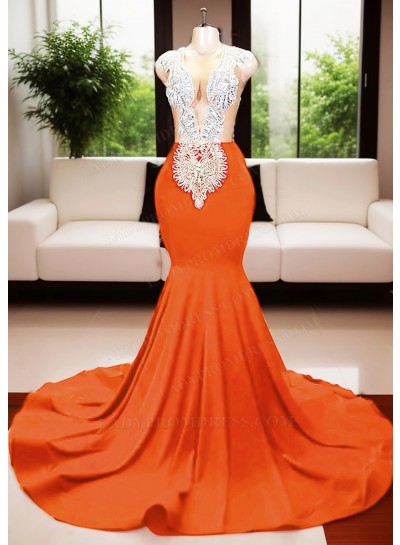 Orange Deep V-neck Mermaid Prom Dresses with Beaded