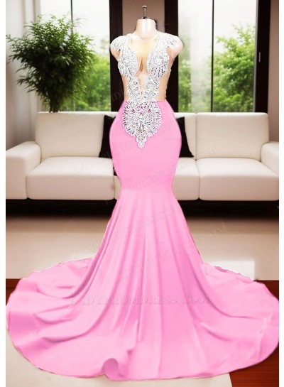 Pale Pink Deep V-neck Mermaid Prom Dresses with Beaded
