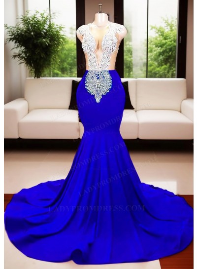 Royal Blue Deep V-neck Mermaid Prom Dresses with Beaded
