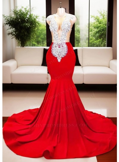 Red Deep V-neck Mermaid Prom Dresses with Beaded
