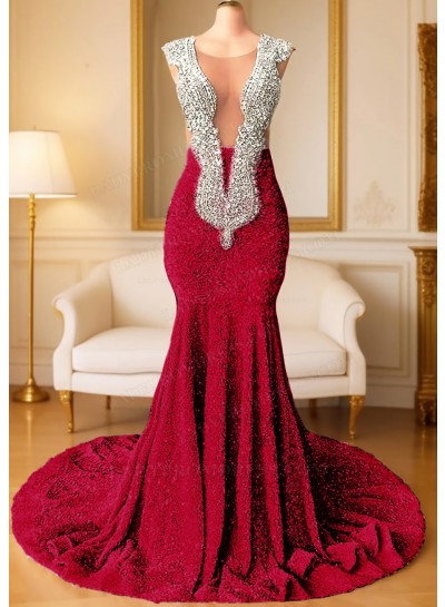 Burgundy V-neck Sparkling Sequins Mermaid Prom Dress with Beaded