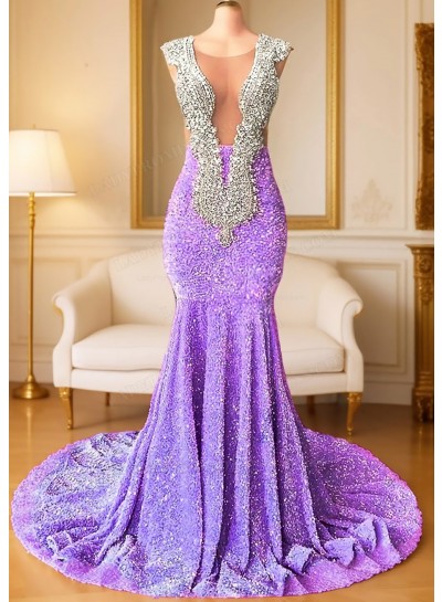 Lilac V-neck Sparkling Sequins Mermaid Prom Dress with Beaded