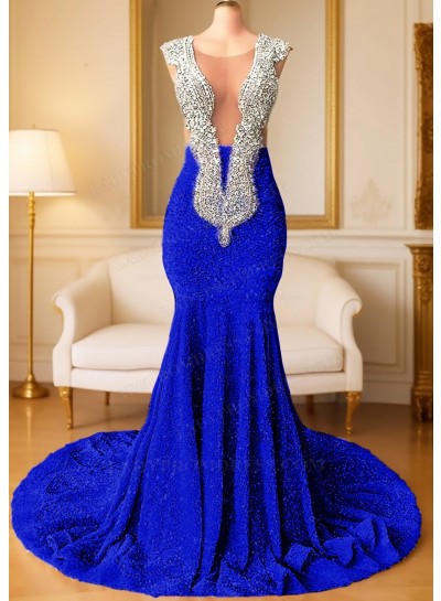 Royal Blue V-neck Sparkling Sequins Mermaid Prom Dress with Beaded
