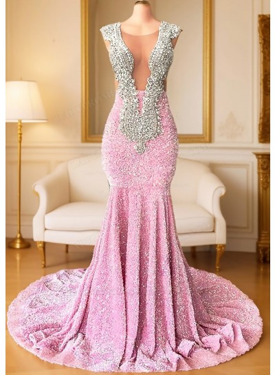 Pink V-neck Sparkling Sequins Mermaid Prom Dress with Beaded
