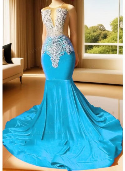 Blue Sleeveless Velvet Sheer Neck Mermaid Prom Dresses with Beaded