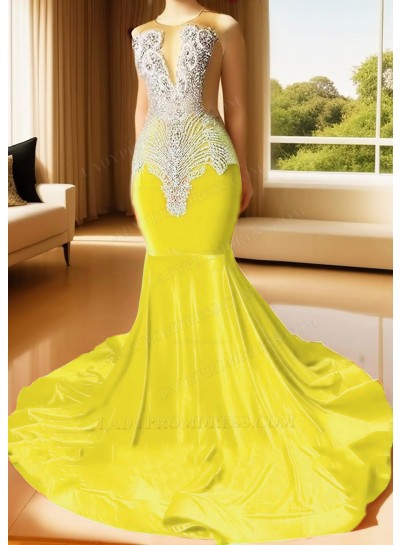 Daffodil Sleeveless Velvet Sheer Neck Mermaid Prom Dresses with Beaded