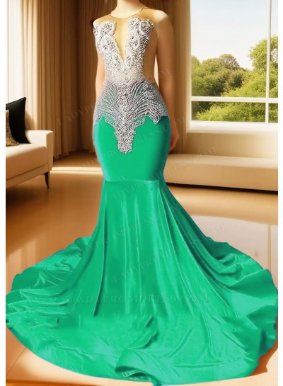 Emerald Sleeveless Velvet Sheer Neck Mermaid Prom Dresses with Beaded