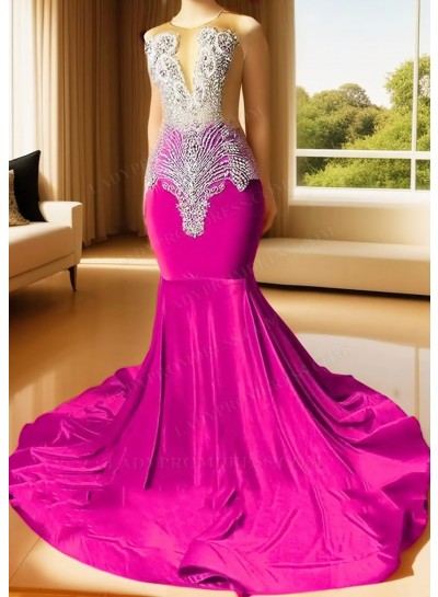 Fuchsia Sleeveless Velvet Sheer Neck Mermaid Prom Dresses with Beaded