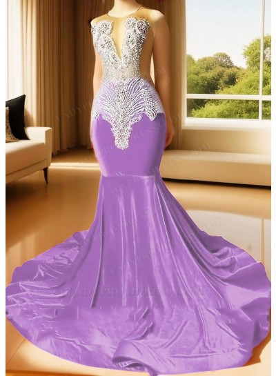Lilac Sleeveless Velvet Sheer Neck Mermaid Prom Dresses with Beaded