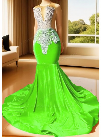 Lime Green Sleeveless Velvet Sheer Neck Mermaid Prom Dresses with Beaded