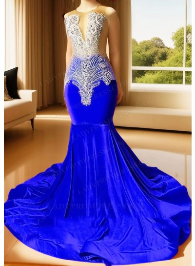 Royal Blue Sleeveless Velvet Sheer Neck Mermaid Prom Dresses with Beaded