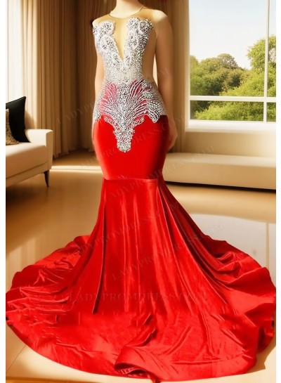 Red Sleeveless Velvet Sheer Neck Mermaid Prom Dresses with Beaded