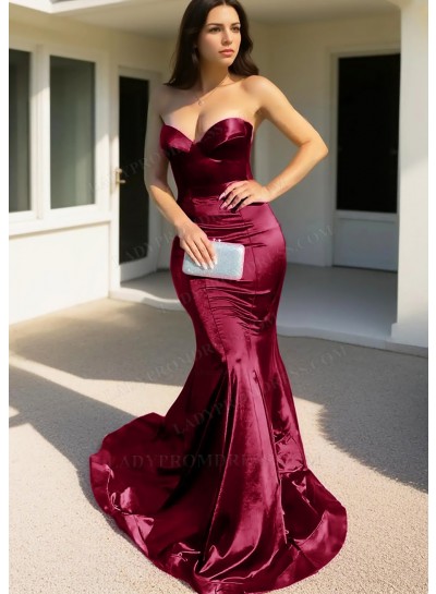 Burgundy Strapless Sweetheart Satin Mermaid Prom Dresses
