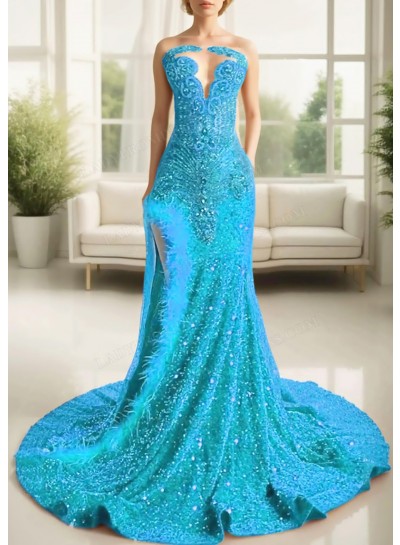Blue Glittering Strapless Sequins High Slit Prom Dresses with Feathers