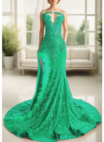 Emerald Glittering Strapless Sequins High Slit Prom Dresses with Feathers