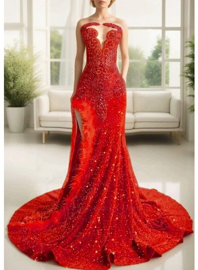 Red Glittering Strapless Sequins High Slit Prom Dresses with Feathers