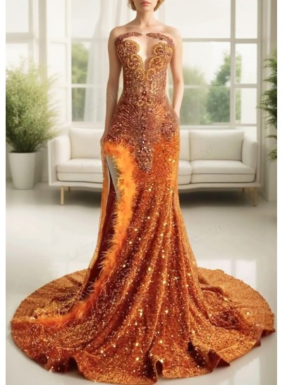 Gold Glittering Strapless Sequins High Slit Prom Dresses with Feathers