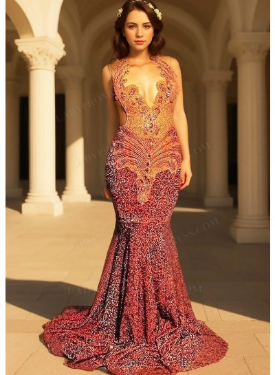 Rust V-neck Sequins Sheer Tulle Prom Dresses with Beaded