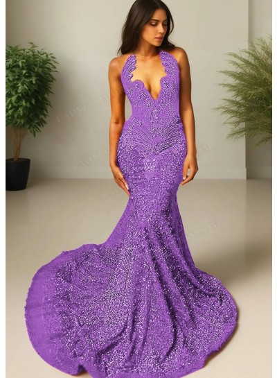 Lilac V-neck Sequins Sheer Tulle Prom Dresses with Beaded