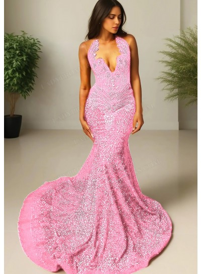 Pale Pink V-neck Sequins Sheer Tulle Prom Dresses with Beaded