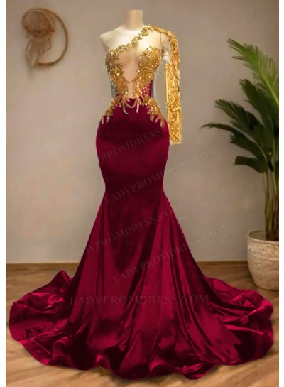 Burgundy Satin Asymmetric One Shoulde Prom Dresses with Golden Appliques
