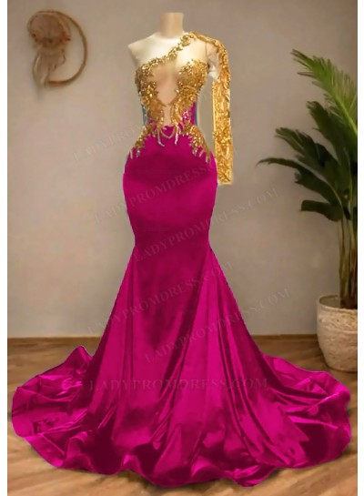 Fuchsia Satin Asymmetric One Shoulde Prom Dresses with Golden Appliques