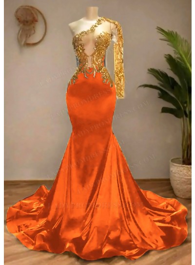 Orange Satin Asymmetric One Shoulde Prom Dresses with Golden Appliques