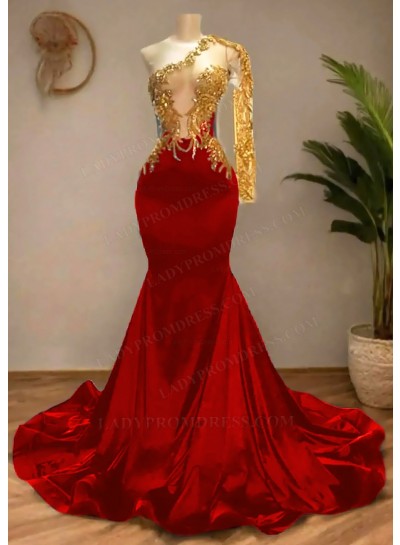 Red Satin Asymmetric One Shoulde Prom Dresses with Golden Appliques