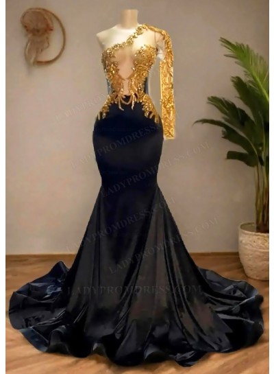 Black Satin Asymmetric One Shoulde Prom Dresses with Golden Appliques