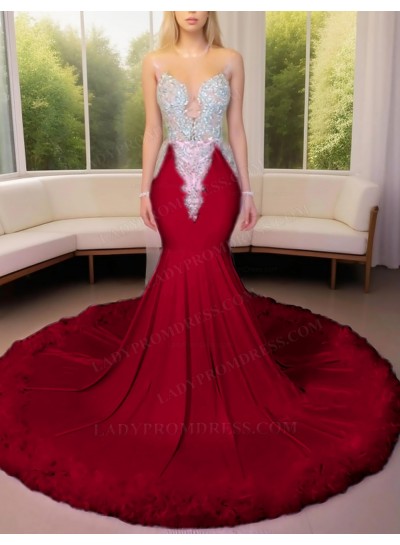 Burgundy Satin Beaded Mermaid Prom Dresses with Feather Trim