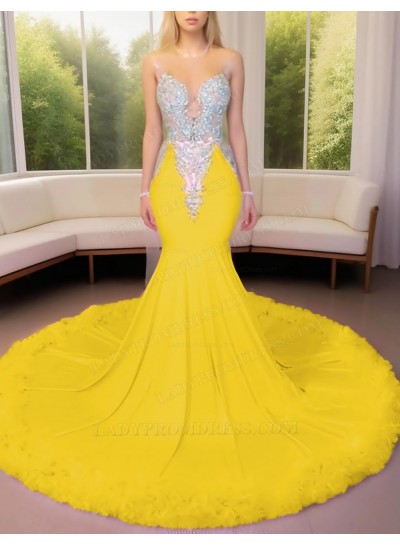 Daffodil Satin Beaded Mermaid Prom Dresses with Feather Trim