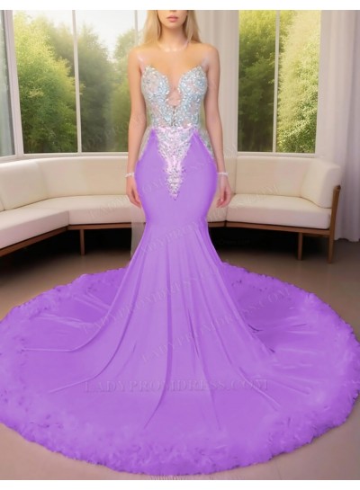 Lilac Satin Beaded Mermaid Prom Dresses with Feather Trim