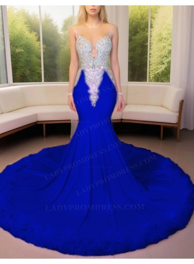 Royal Blue Satin Beaded Mermaid Prom Dresses with Feather Trim