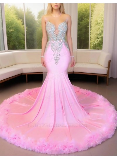 Pink Satin Beaded Mermaid Prom Dresses with Feather Trim