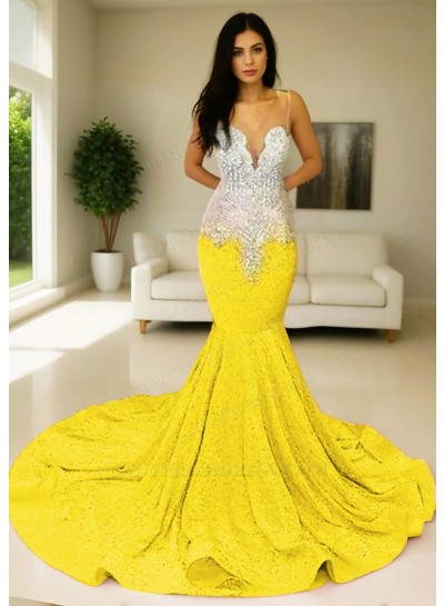 Daffodil Glitter Sheer Tulle Mermaid Prom Dresses with Beaded