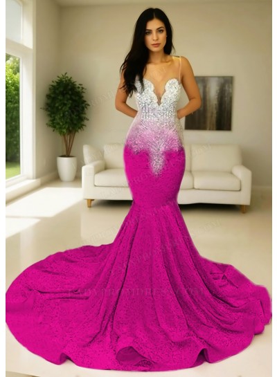 Fuchsia Glitter Sheer Tulle Mermaid Prom Dresses with Beaded
