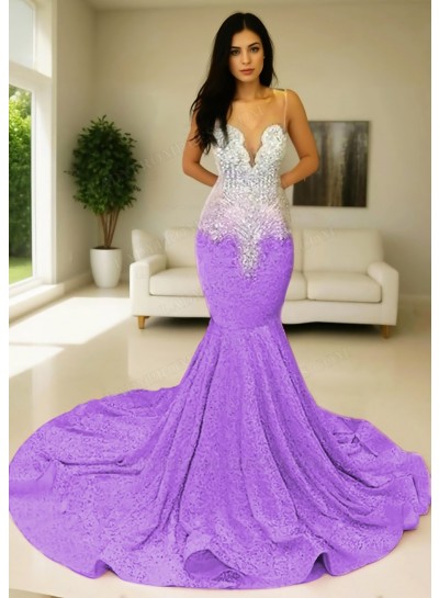 Lilac Glitter Sheer Tulle Mermaid Prom Dresses with Beaded