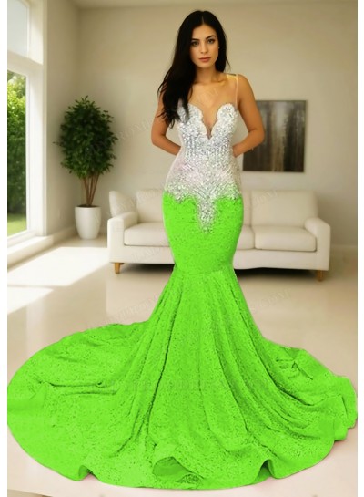 Lime Green Glitter Sheer Tulle Mermaid Prom Dresses with Beaded