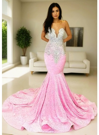 Pink Glitter Sheer Tulle Mermaid Prom Dresses with Beaded