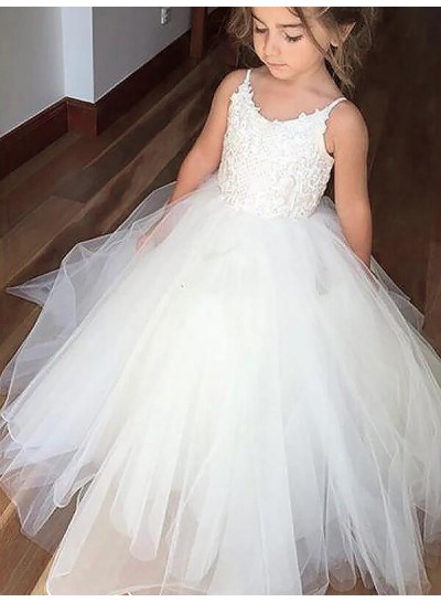 Ball Gown Jewel Sleeveless Lace Floor-Length Tulle First Communion Dresses / Flower Girl Dresses