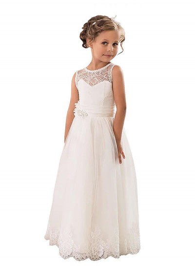 A-line/Princess Scoop Sleeveless Tulle Floor-Length First Communion Dresses / Flower Girl Dresses