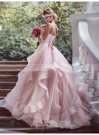 Tiers Ruffle Sweetheart Blushing Pink Sleeveless Organza Backless Wedding Dresses