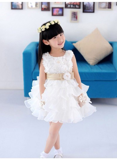 A-line/Princess Scoop Sleeveless Hand-made Flower Short Organza First Communion Dresses / Flower Girl Dresses