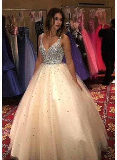 Newly Ball Gown Champagne Tulle V Neck 2024 Prom Dresses