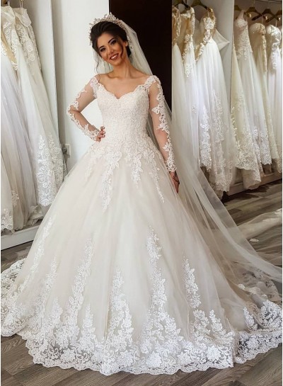 2024 Newest A Line Long Sleeves Sweetheart Tulle Over Lace Wedding Dresses