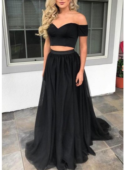 A-Line/Princess Black Two Pieces Off The Shoulder 2024 Prom Dresses