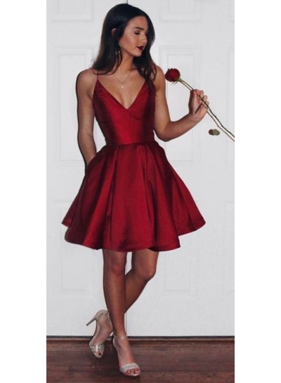 Cute A-Line/Princess Satin Red Knee Length V Neck Short 2024 Prom Dresses