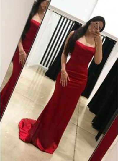 Charming Trumpet/Mermaid Red Satin 2024 Backless Prom Dresses