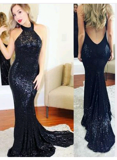 2024 Black Trumpet/Mermaid Backless Sequence Prom Dresses