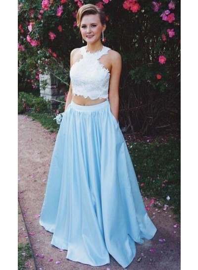 2024 New Arrival A-Line/Princess Satin Blue Two Pieces Prom Dresses